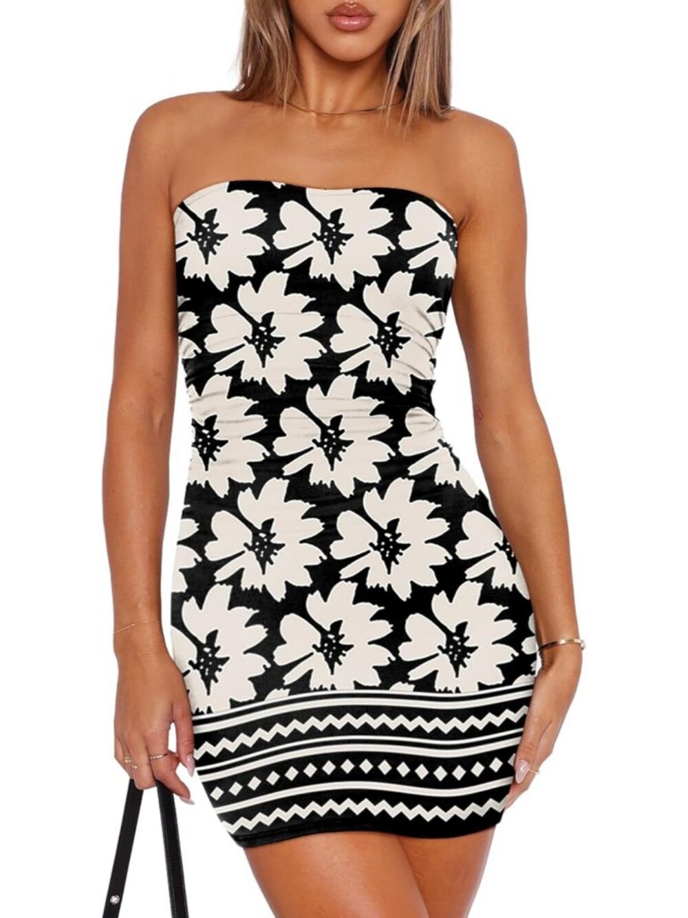 Women Chrysanthemum Polyester Spandex Ruched Strapless Mini Bodycon Party Dress
